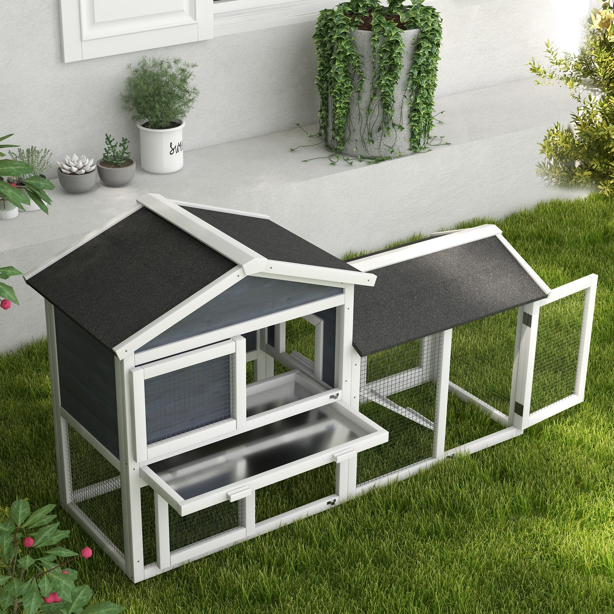 58" Wooden Rabbit Hutch with Run, Removable Tray, Asphalt Roof,  Lockable Doors and Ramp, Gray