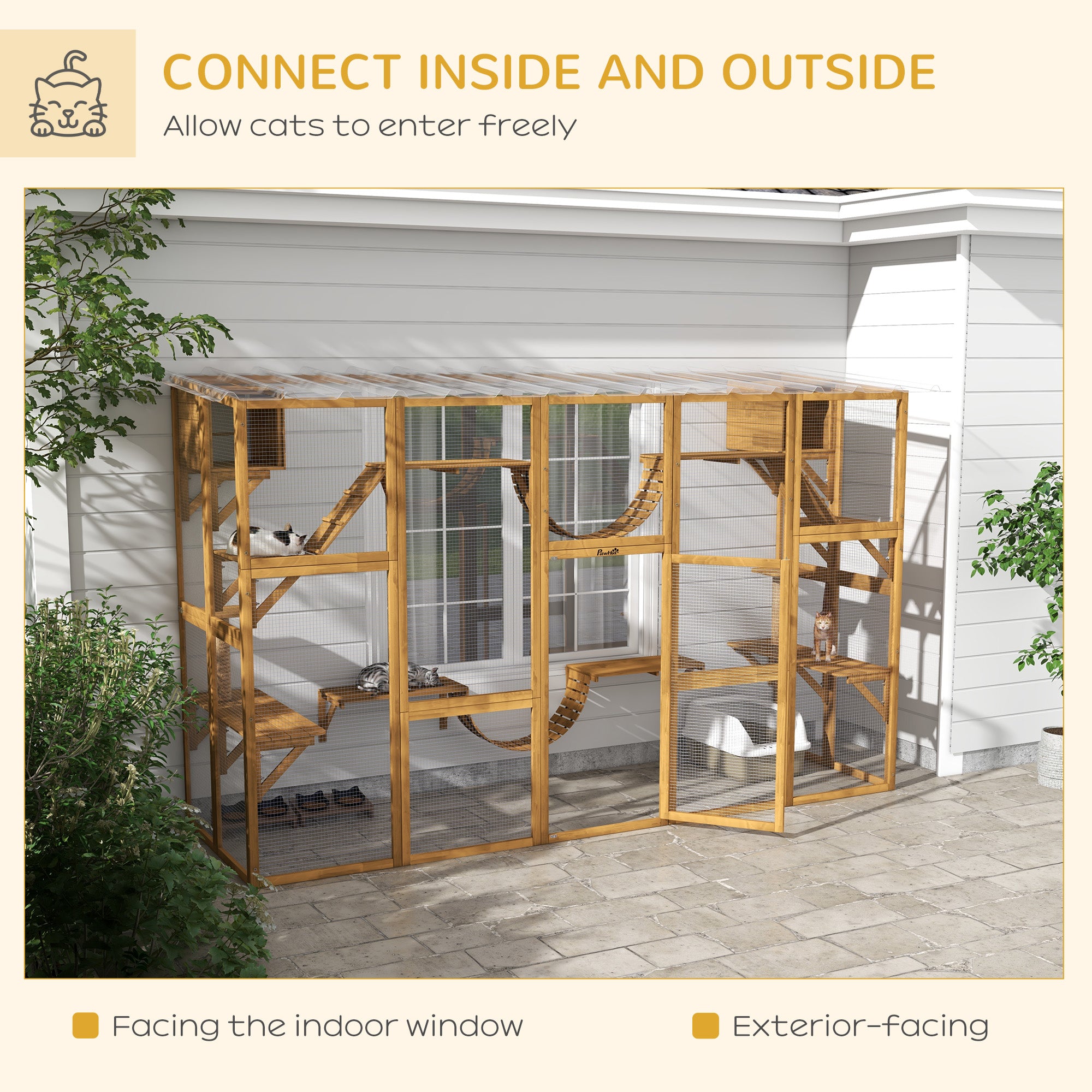 Catio Playground Cat Window Box Outside Enclosure for Multiple Cats w/ Shelves & Bridges, Yellow