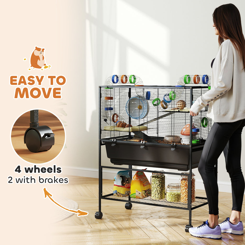 3-Tier Rolling Hamster Cage with Wheels - Large Rat Cage with Deep No-Leak Tray, Storage Shelf & Exercise Wheel, Full Habitat with Tubes, Hut, Gray