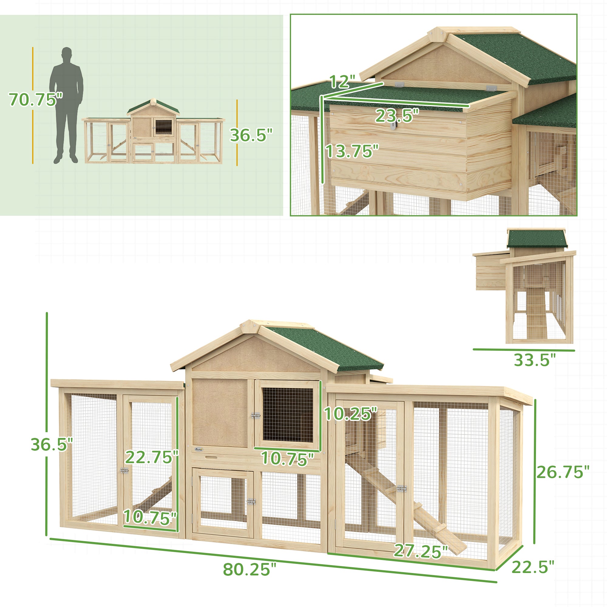 Wooden Chicken Coop ith Nesting Box, Double Runs, Removable Tray, Ramps, for Garden Backyard