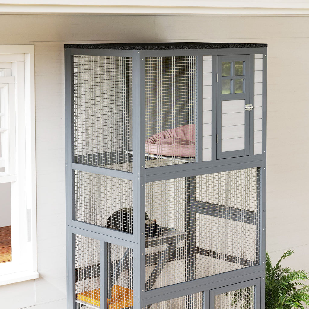 74" Wooden Outdoor Cat House Catio with High Weight Capacity, Cat Cage Condo, Dark Gray