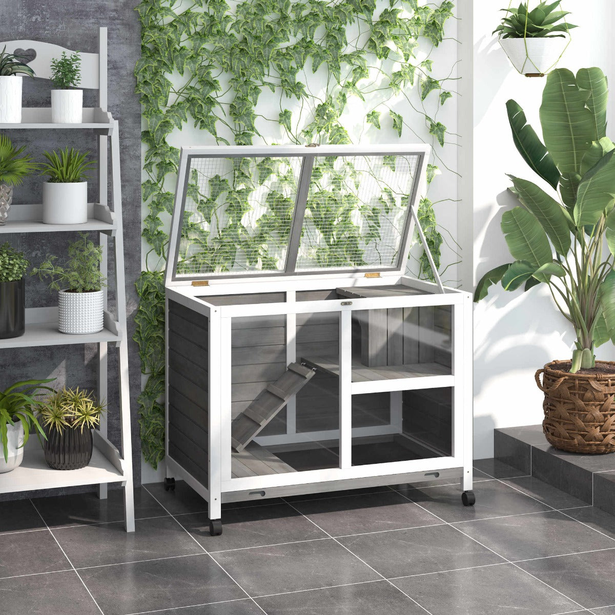 Outdoor Rabbit Enclosure Solid Wood Pet House with a Main Room for Sleeping and a Cage Area for Playing - Indoor/Outdoor