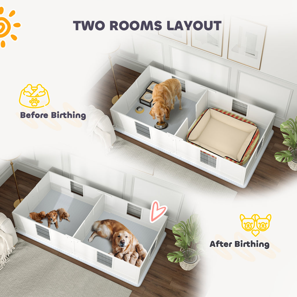 Two Rooms Design Dog Whelping Box with Washable Pee Pad, Adjustable Door, for Large Breed Dogs, 96" x 47" x 19"