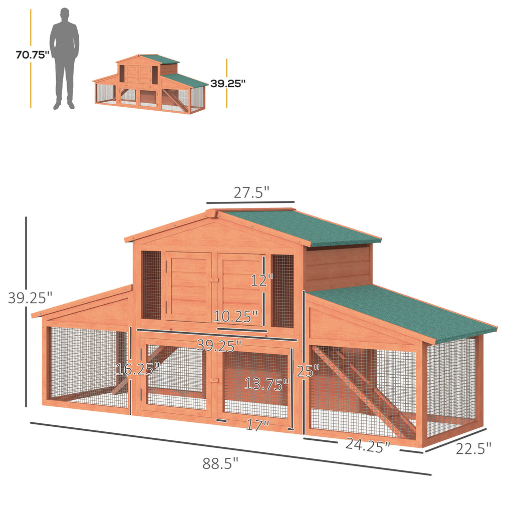 89"L Outdoor Rabbit Hutch, Guinea Pig Cage Indoor Outdoor Wooden Bunny Hutch with Double Runs, Weatherproof Roof, Removable Tray, Ramps, Orange