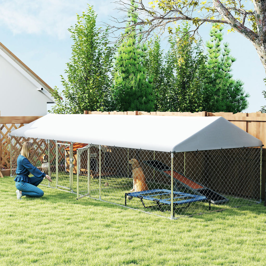 Two Room Outdoor Dog Kennel, Dog Run with Roof, Waterproof UV-Resistant Cover, Secure Lock, 19.7' x 7.5' x 5.2'