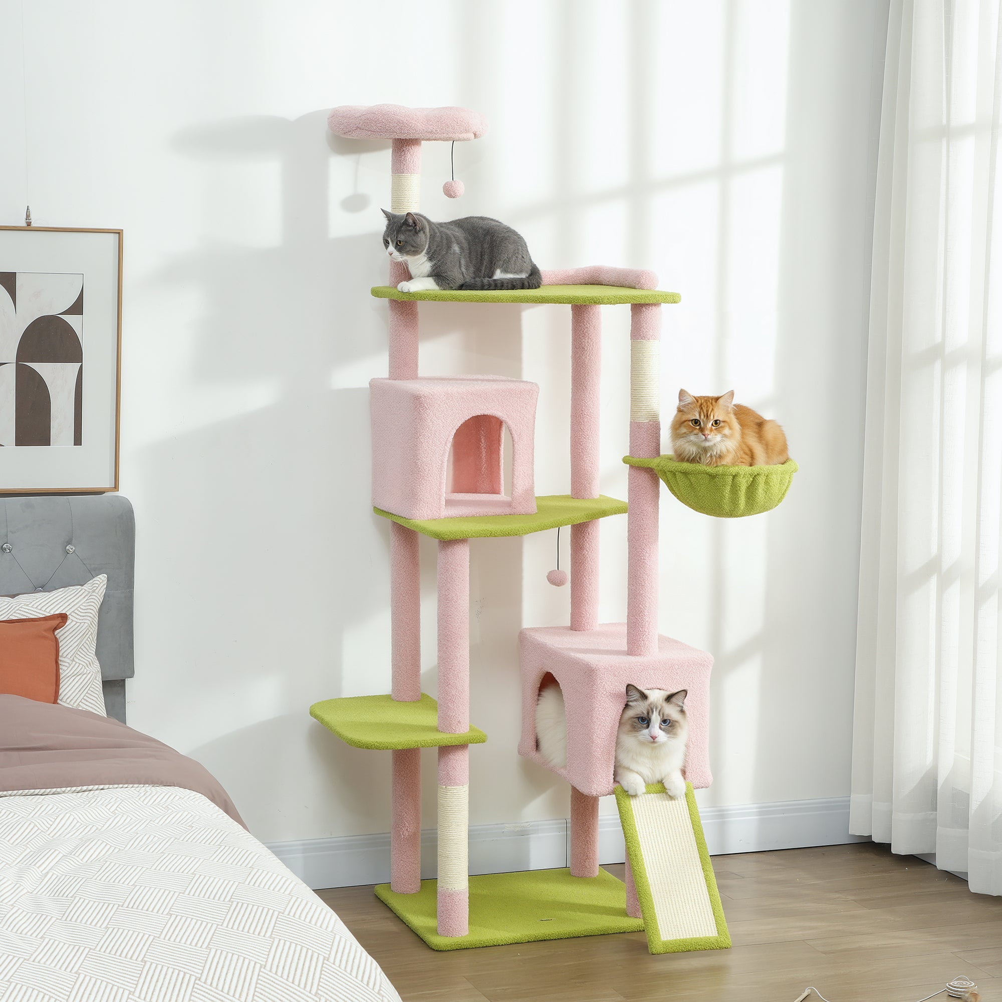 74" Pink Flower Cat Tree - Aesthetic Tall Cat Tower for Indoor Cats with 2 Condos, 3 Hammocks & 8 Sisal Scratching Posts, Floral Multi-Level Play House