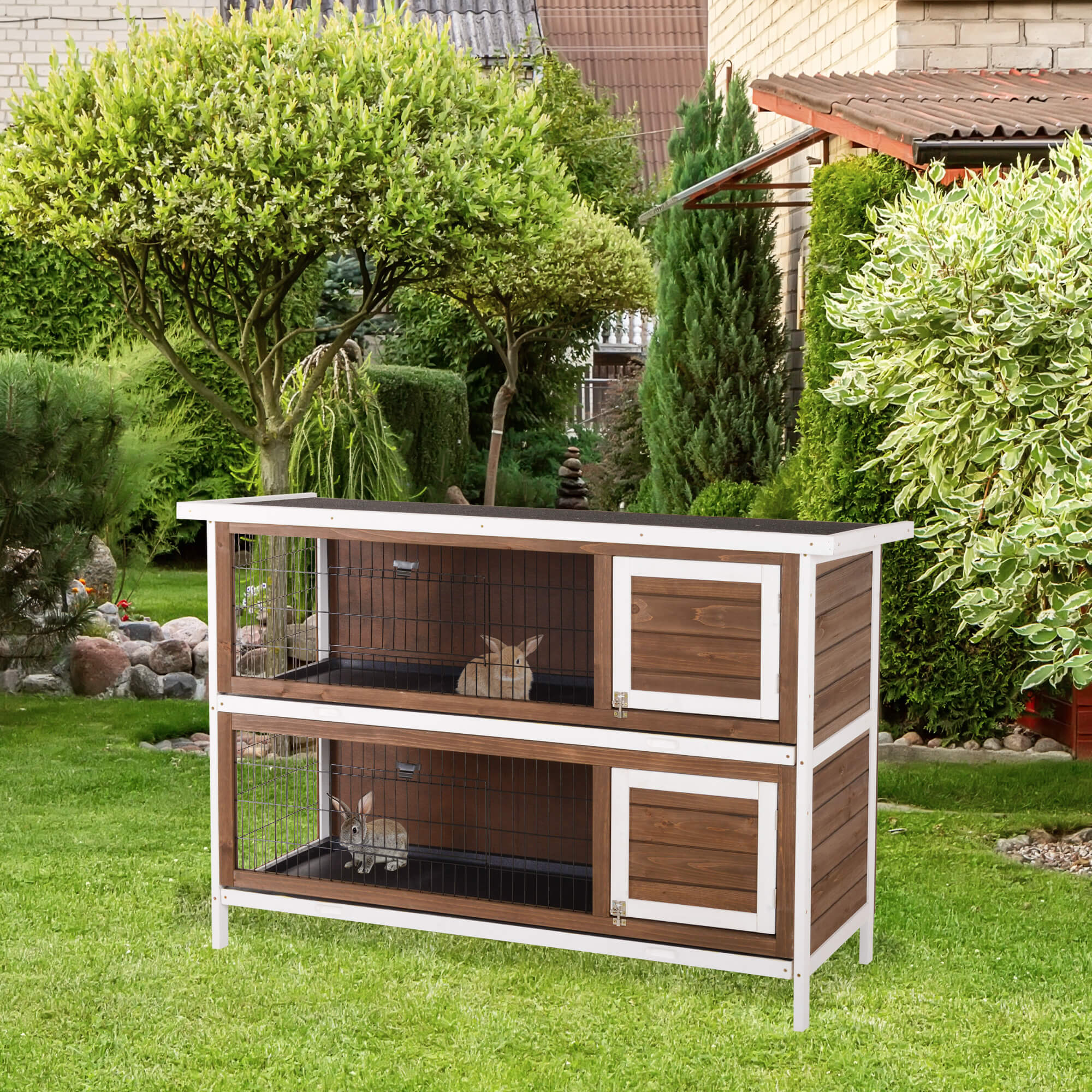 Wooden Rabbit Hutch w/ Dividers Asphalt Roof for Small Animals & Outdoors, Brown