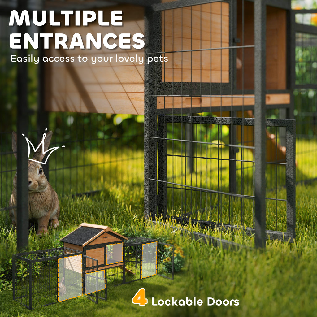 Wooden Rabbit Hutch Outdoor, 85" Large Bunny Cage with Steel Run, Removable Plastic Tray, Asphalt Roof, Ramp