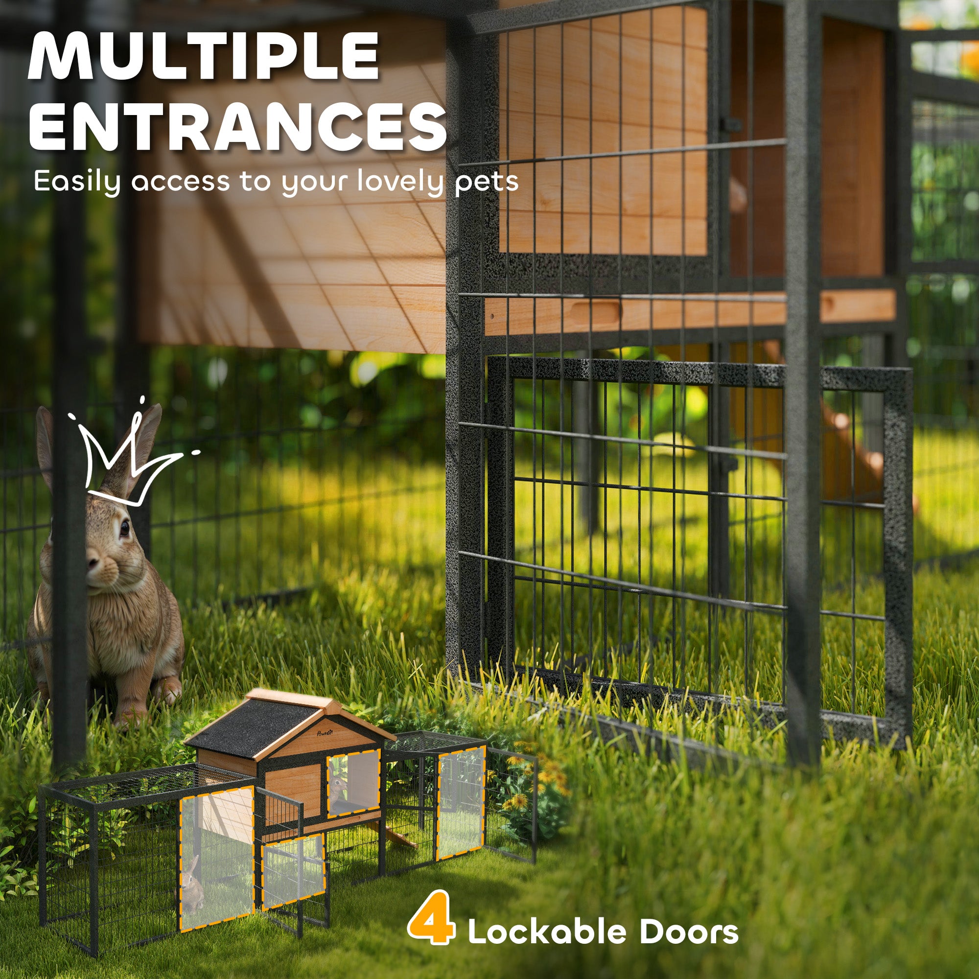 Wooden Rabbit Hutch Outdoor, 85" Large Bunny Cage with Steel Run, Removable Plastic Tray, Asphalt Roof, Ramp