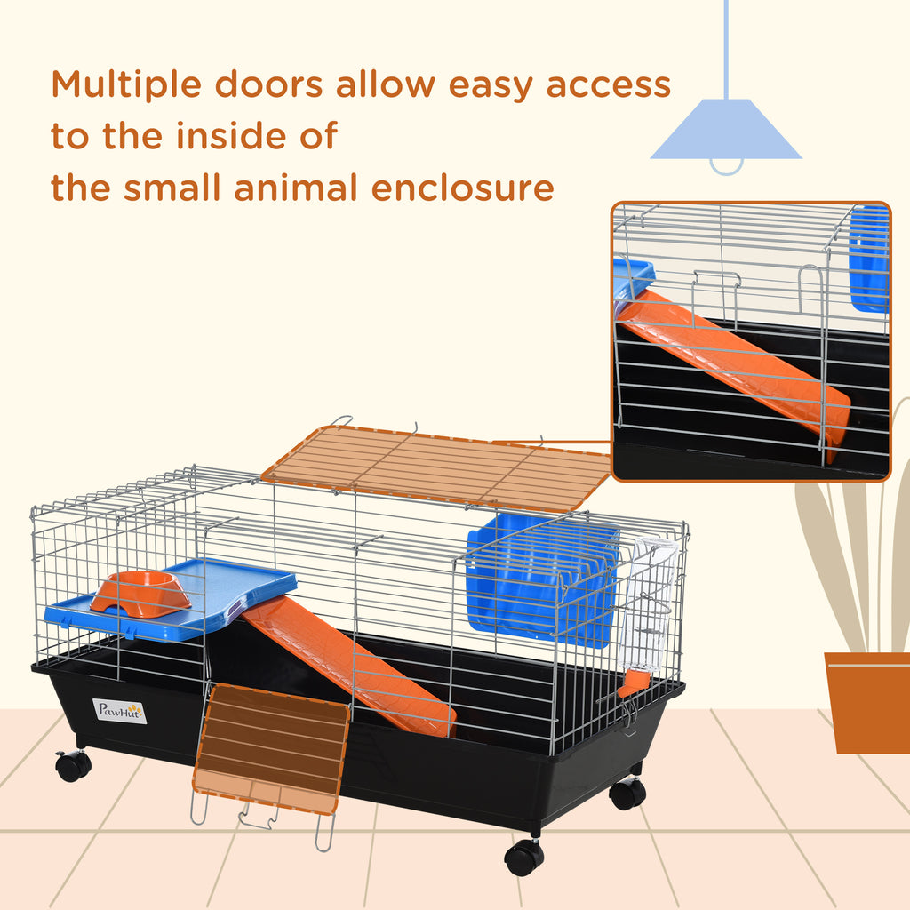 35"L Small Animal Cage with Food Dish, Water Bottle, Hay Feeder, Platform, Ramp for Chinchilla, Black