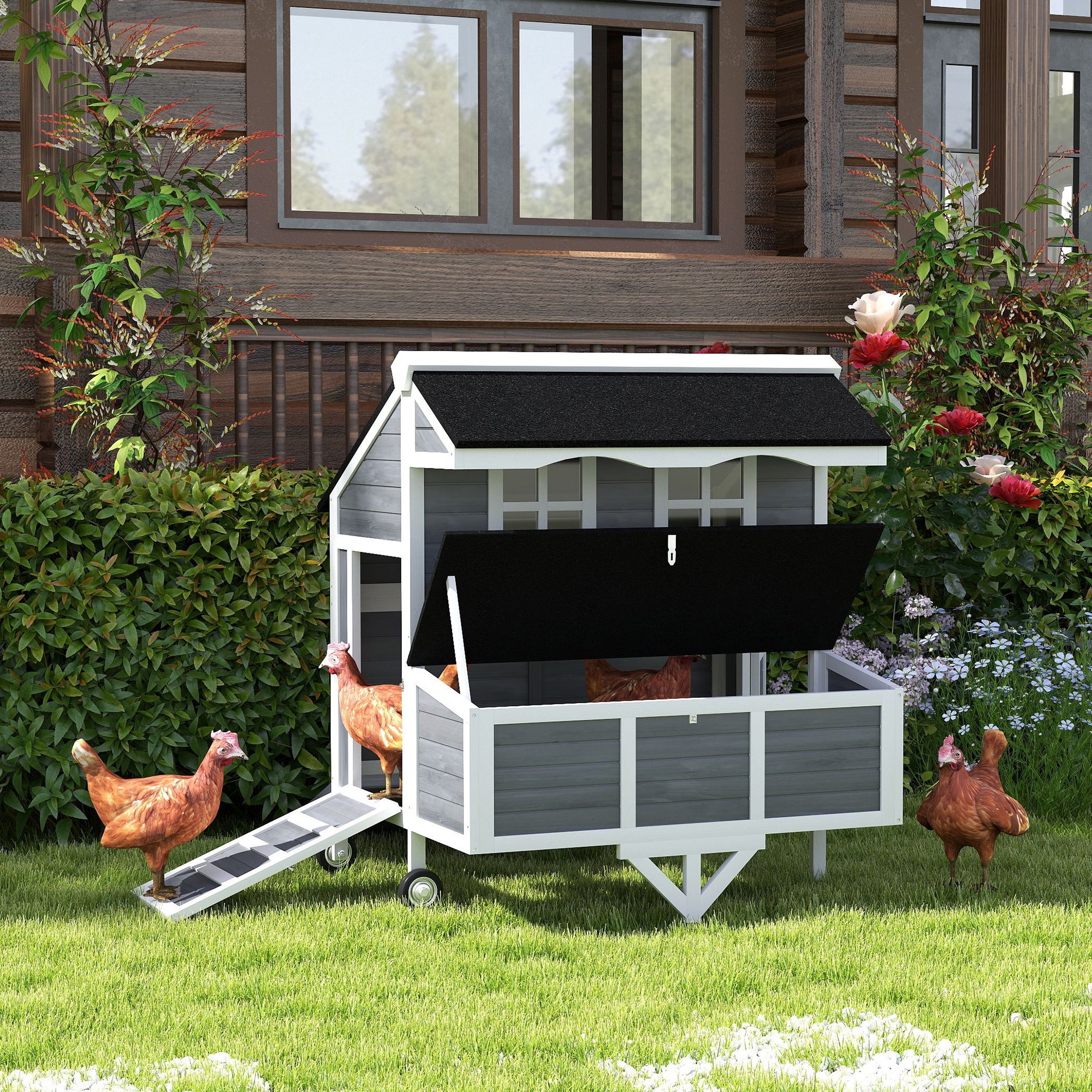 43" Mobile Chicken Coop with Wheels, Wooden Chicken Tractor with Nesting Box & Pull-Out Tray, Outdoor Hen House for 2¨C4 Chickens, Gray