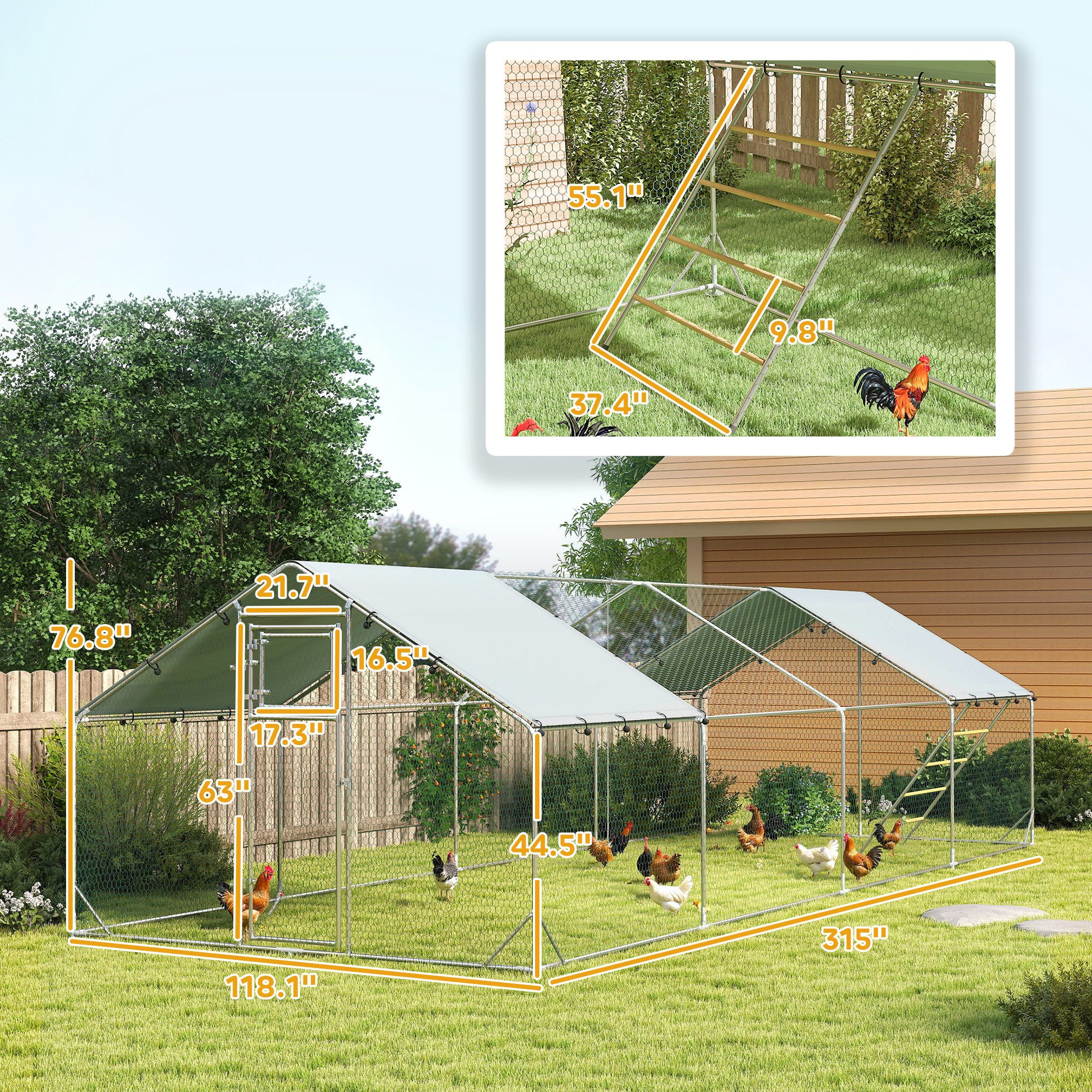 Metal Chicken Run w/ Waterproof & Anti-UV Cover, Feeding Door, Hanging Feeder, for 24-30 Chickens, 9.8' x 26.2' x 6.4'