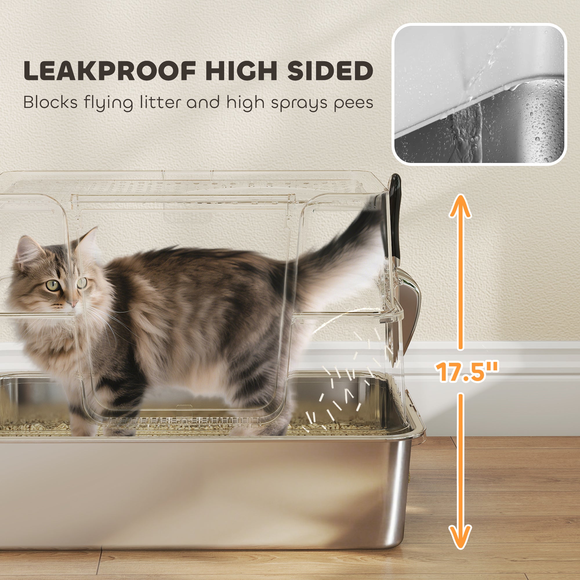 XL Stainless Steel Litter Box w/ 100¡ã Flip Top, Scoop, Step, Top & Side Entry Enclosed Litter Box for Big Cats