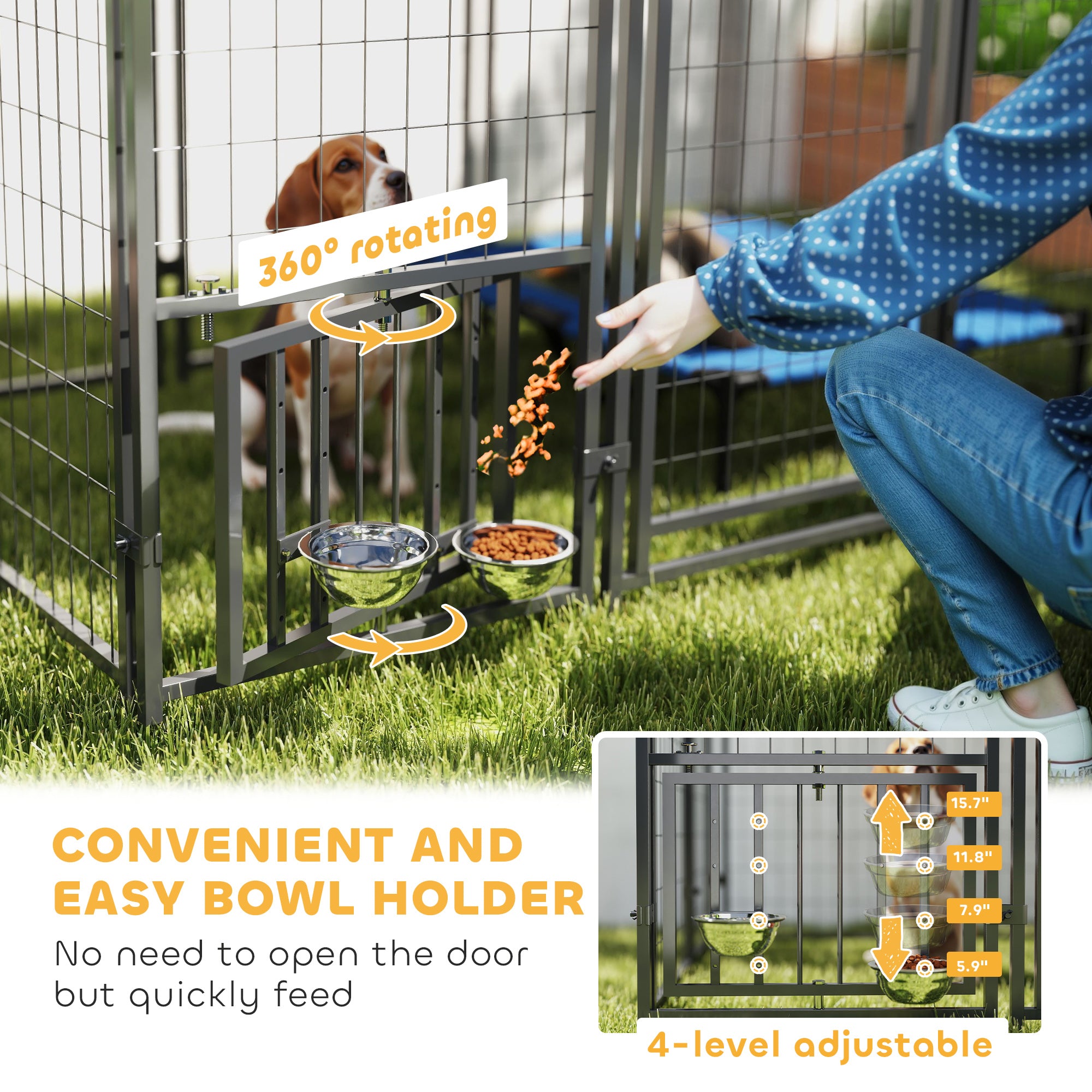 5.9' x 5.9' x 6' Outdoor Dog Kennel with Roof, Rotating & 4-Level Adjustable Bowls