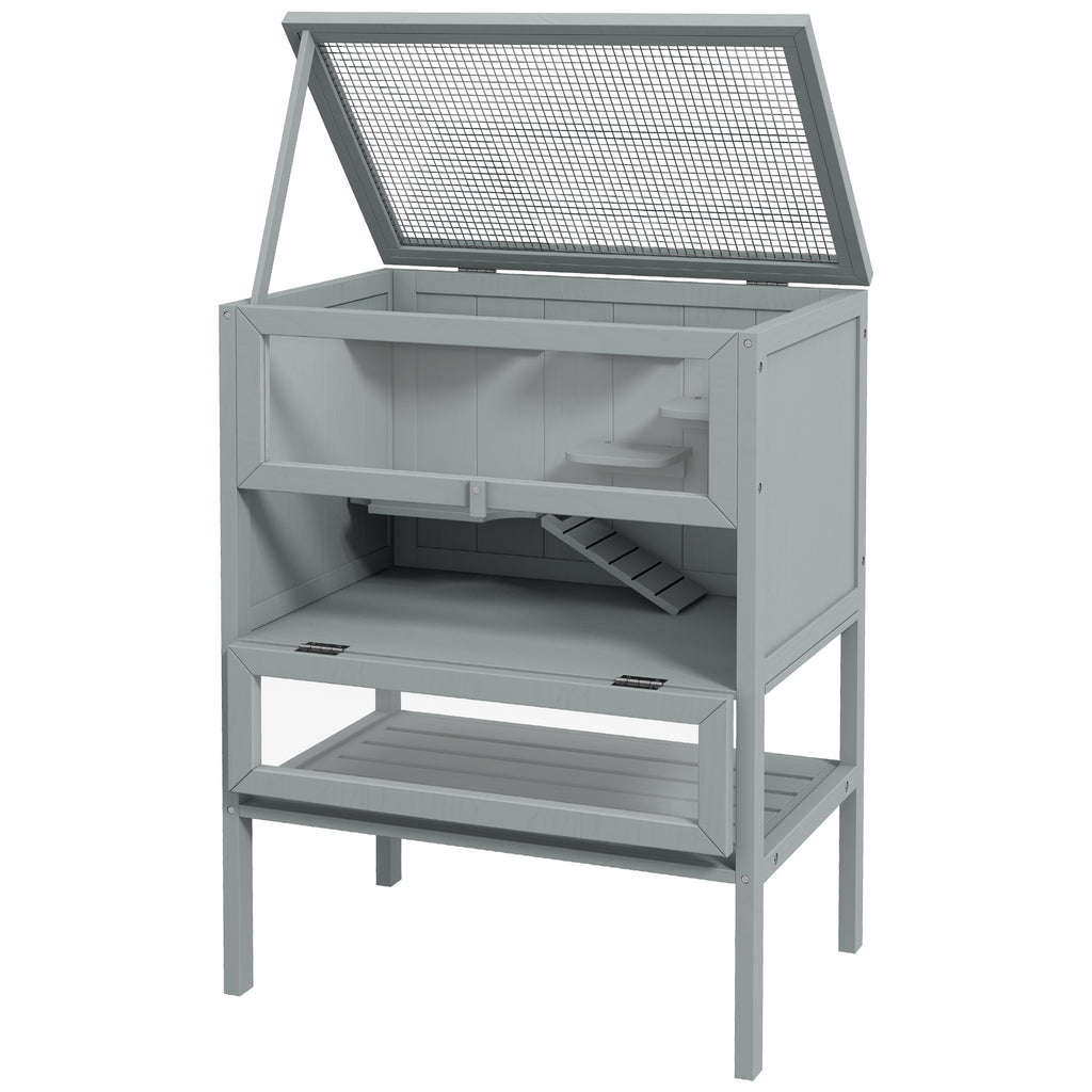 3-Tier Wooden Hamster Cage Mice and Rat Cage Small Animals Hutch with Openable Top, Front Door, Storage Shelf, Gray