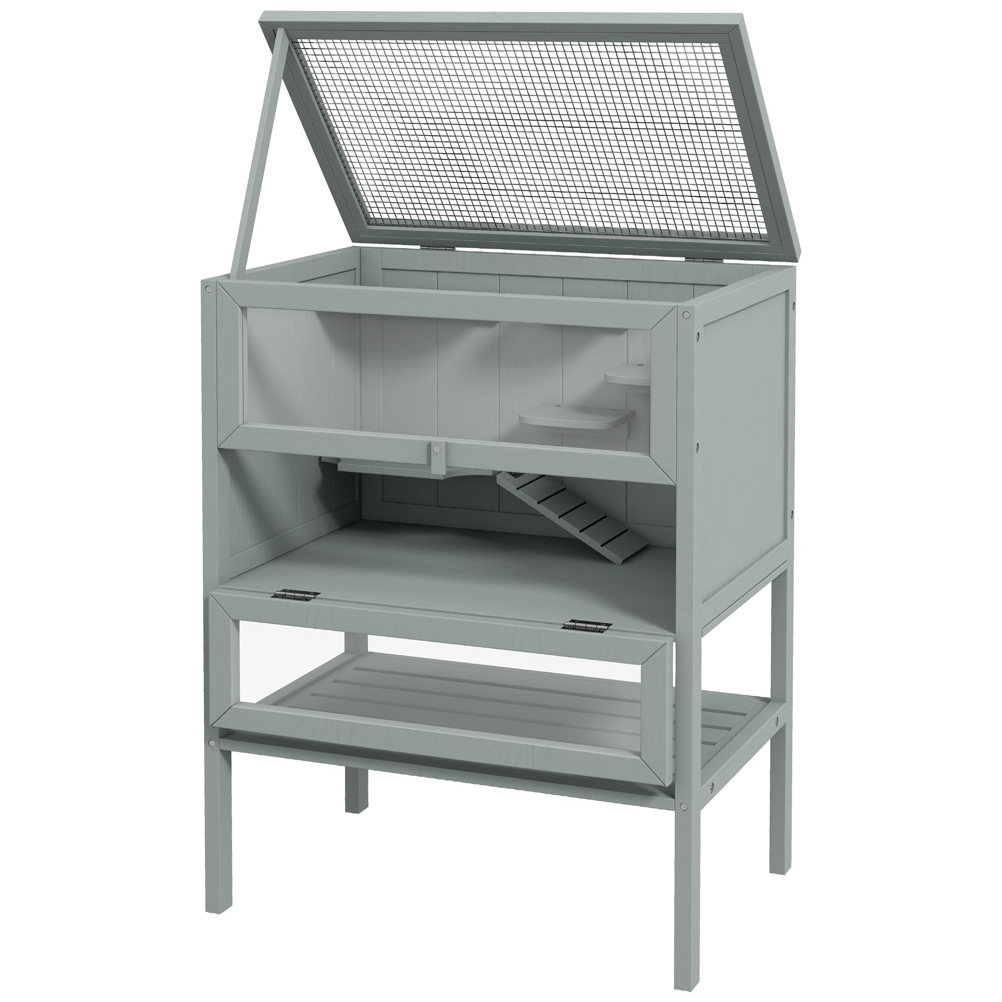 3-Tier Wooden Hamster Cage Mice and Rat Cage Small Animals Hutch with Openable Top, Front Door, Storage Shelf, Gray