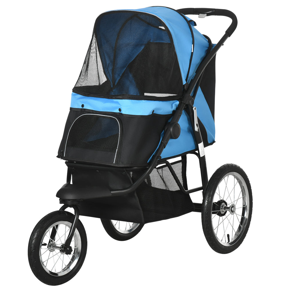 3 Wheels Pet Stroller for Small Dogs and Medium Dogs with Adjustable Canopy, Safety Tether, Storage Basket, Blue