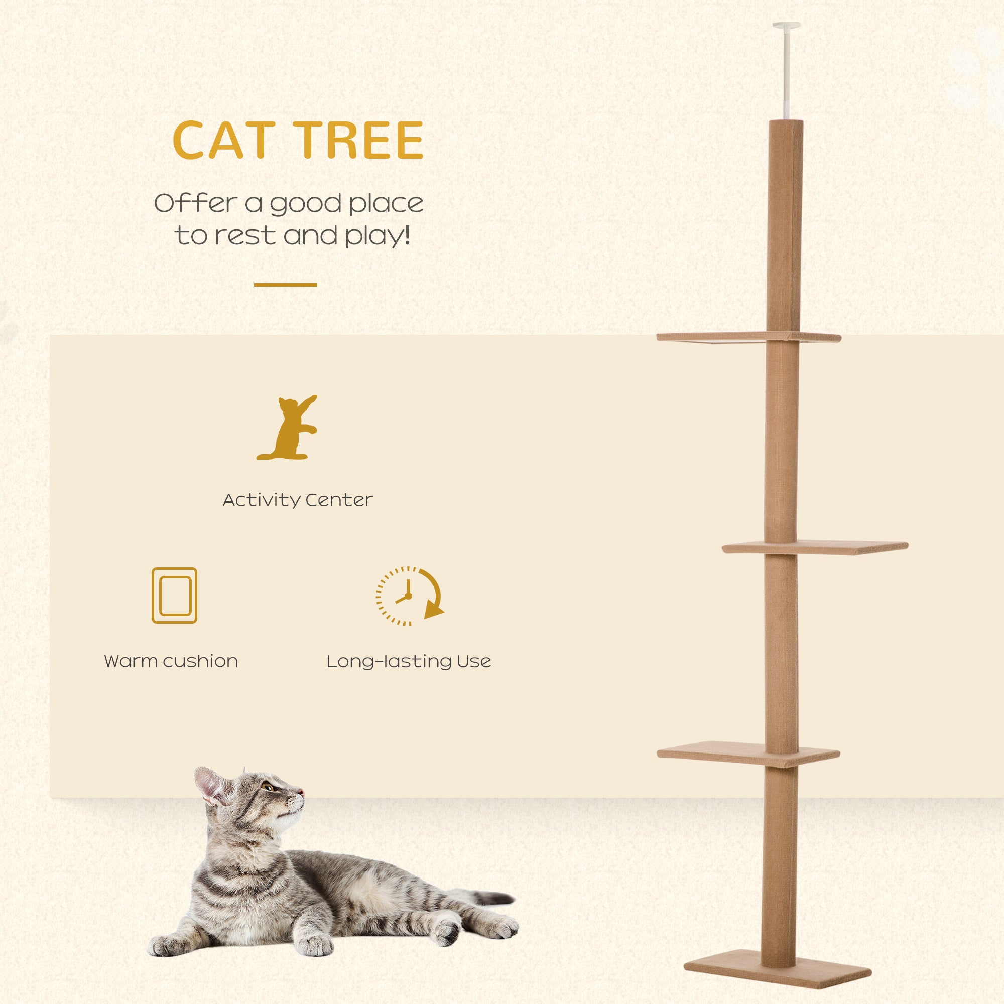 Floor-to-Ceiling Cat Tree with Sisal Scratching Posts, Tall Cat Climbing Tower Activity Center for Kittens & Indoor Cats, Brown
