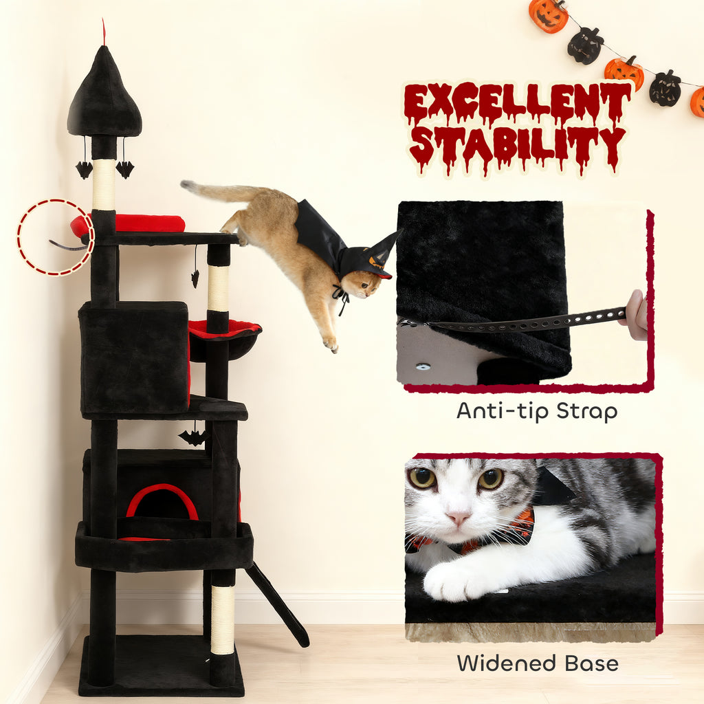 78" Gothic Cat Tree with Coffin Bed - Tall Cat Tower for Indoor Cats with 2 Spacious Condos & Sisal Scratching Posts, Unique Bat Hanging Toys, Halloween Furniture