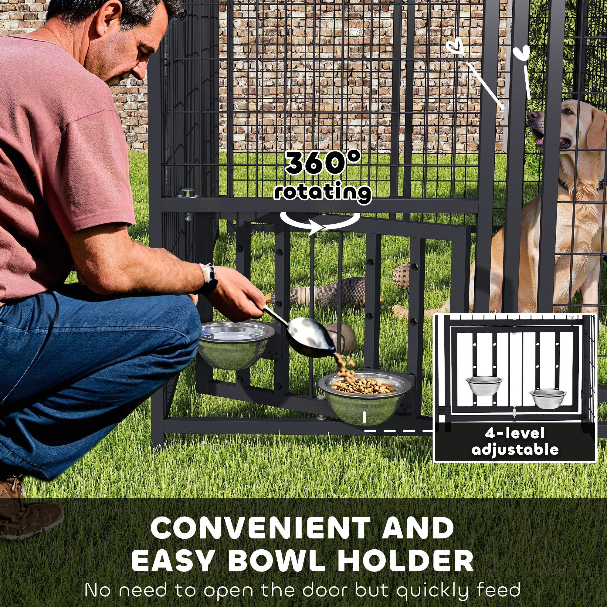 Welded Wire Outdoor Dog Kennel with 360¡ã Rotating & 4 Levels Adjustable Bowls, Waterproof Cover, 7.9' x 4' x 6'