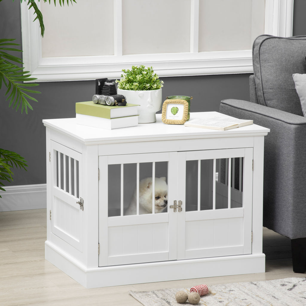 Wooden Dog Crate End Table, Dog Crate Furniture with Triple Doors, Puppy Crate for Small Dogs Indoor Use, White