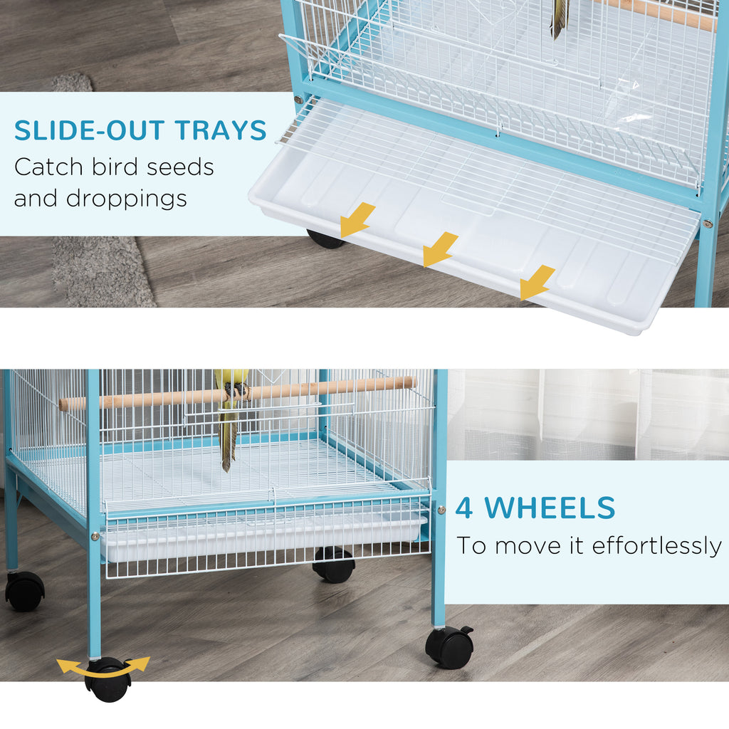 55" 2 In 1 Bird Cage Aviary Parakeet House for finches, budgies with Wheels, Light Blue