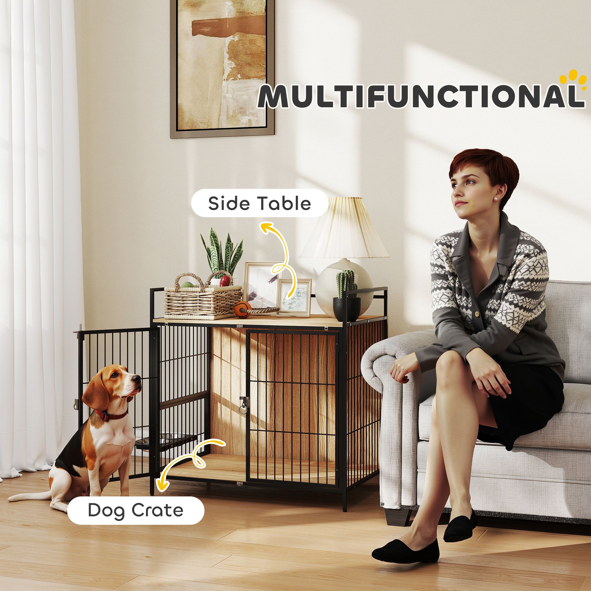30 Inch Dog Crate Furniture, Indoor Pet Kennel Side Table with Rotatable Bowls, 2 Anti-Escape Doors, for M Dogs, Oak