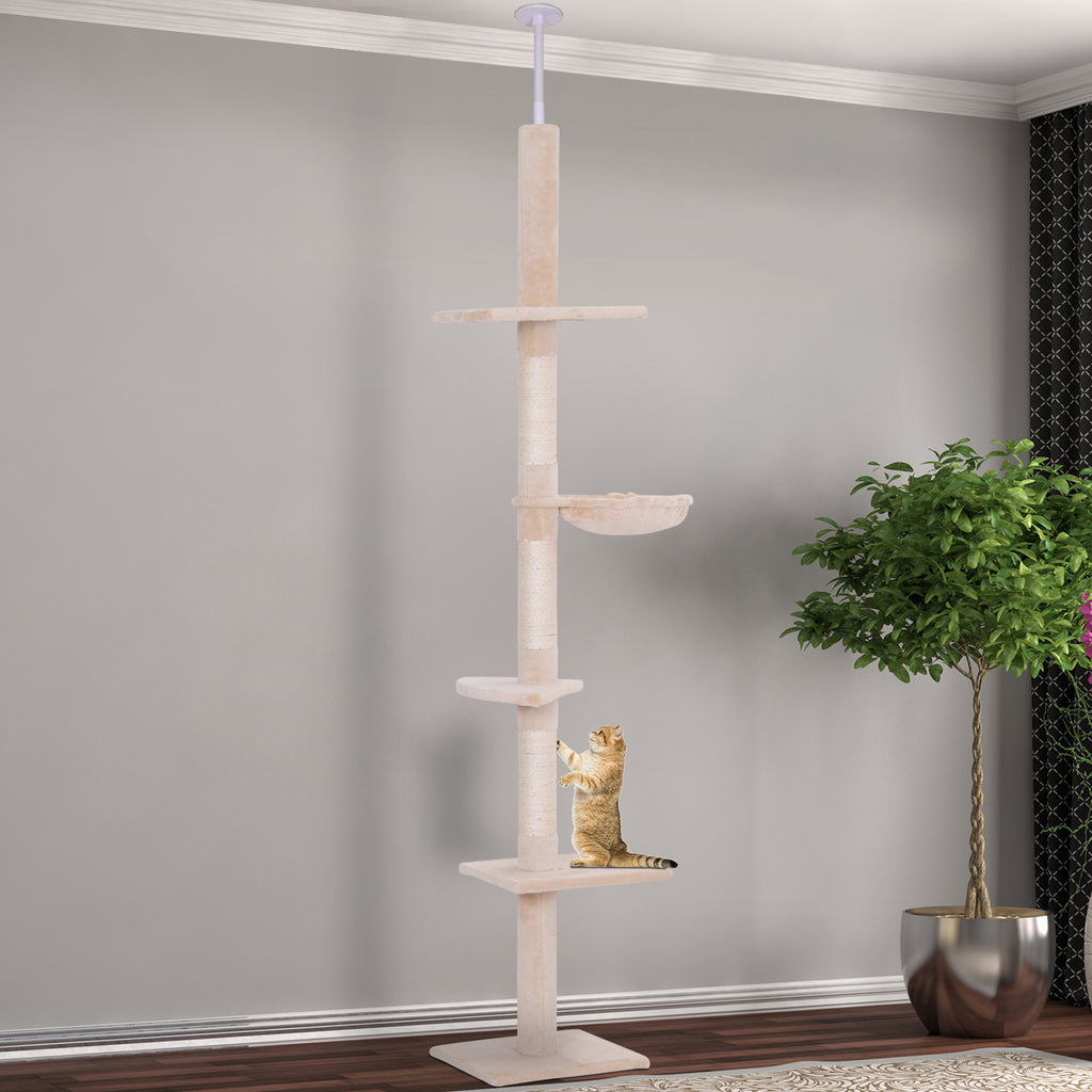 102" Adjustable Floor to Ceiling Cat Tree - 5-Level Tall Cat Tower with Sisal Scratching Posts & Cozy Hammock, No-Drill Tension Mount, Beige - Space-Saving Indoor Activity Center for Large Cats