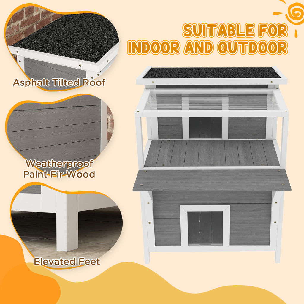 2-Story Wooden Cat House Outdoor with Balcony, Openable Top, Escape Door, Removable Panel & Floor, for Backyard, Outside