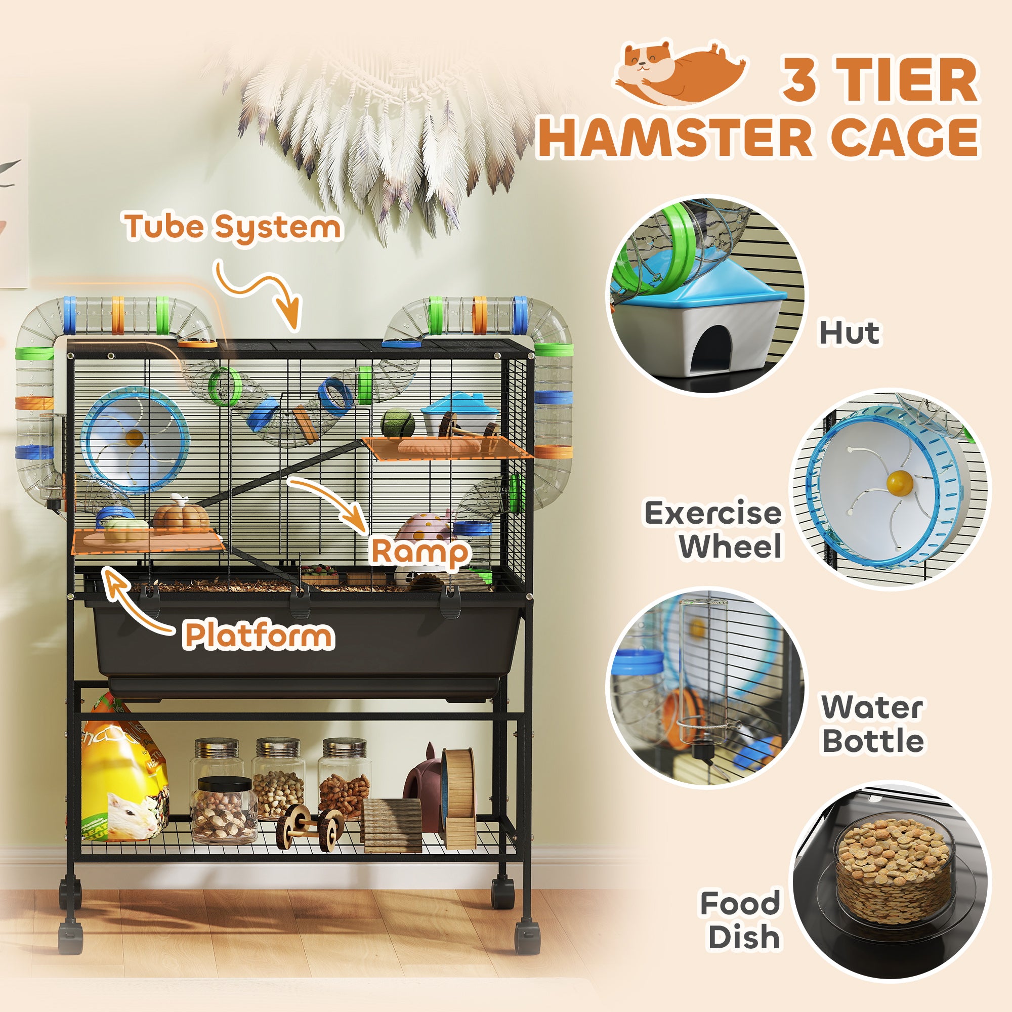 3-Tier Rolling Hamster Cage with Wheels - Large Rat Cage with Deep No-Leak Tray, Storage Shelf & Exercise Wheel, Full Habitat with Tubes, Hut, Gray