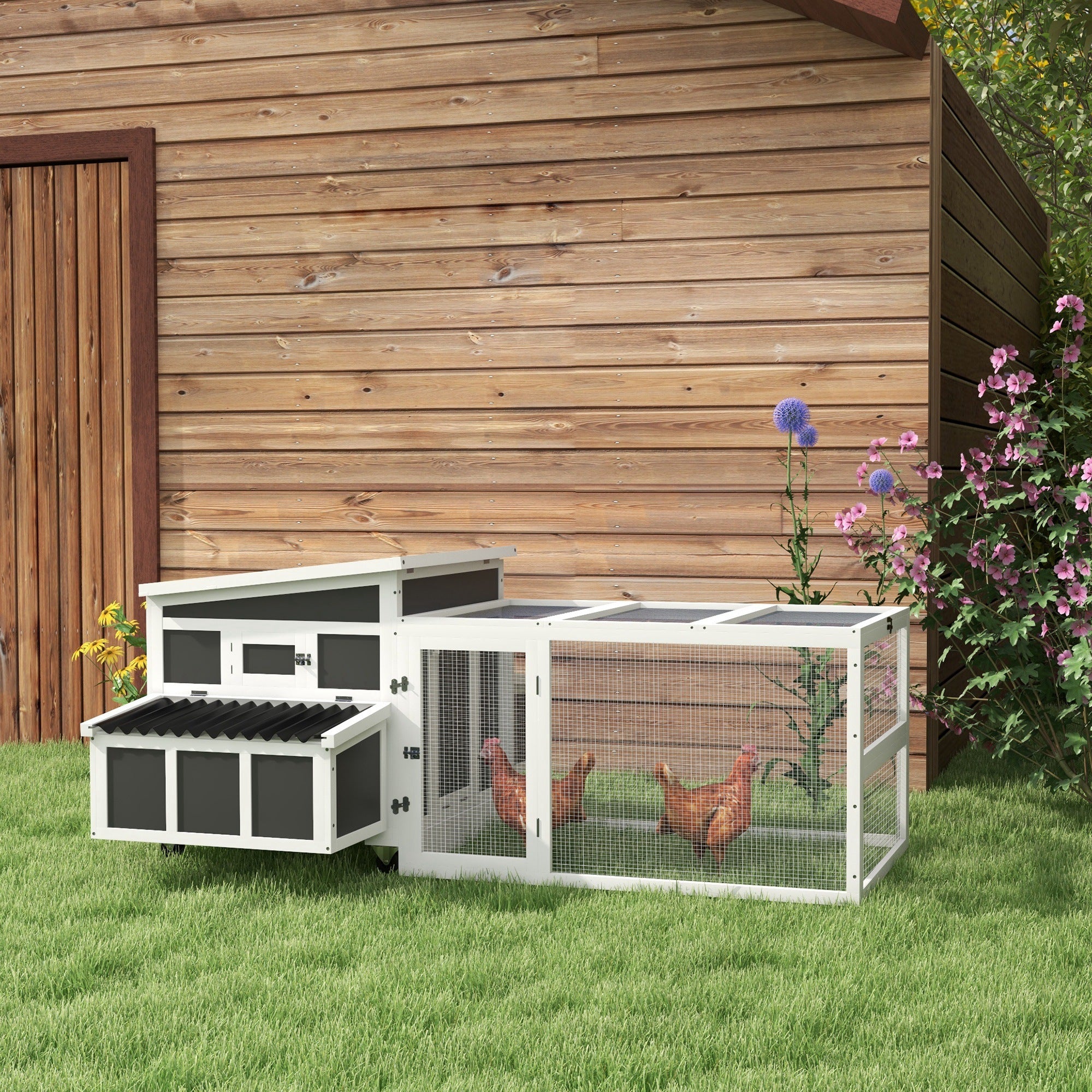 Wooden Chicken Coop with Nesting Box, Pull Out Tray, Run, Perches, Ramp, Windows for 6 Chickens, Dark Gray