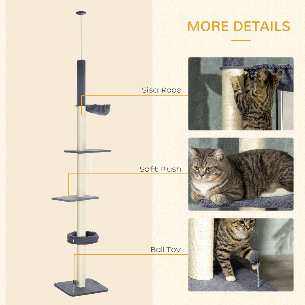 Floor-to-Ceiling Cat Tree 5-Tier, 95¨C106in Adjustable Height, Bed & Hammock, Scratching Posts with Toy, Indoor Cat Tower, Dark Gray/Cream