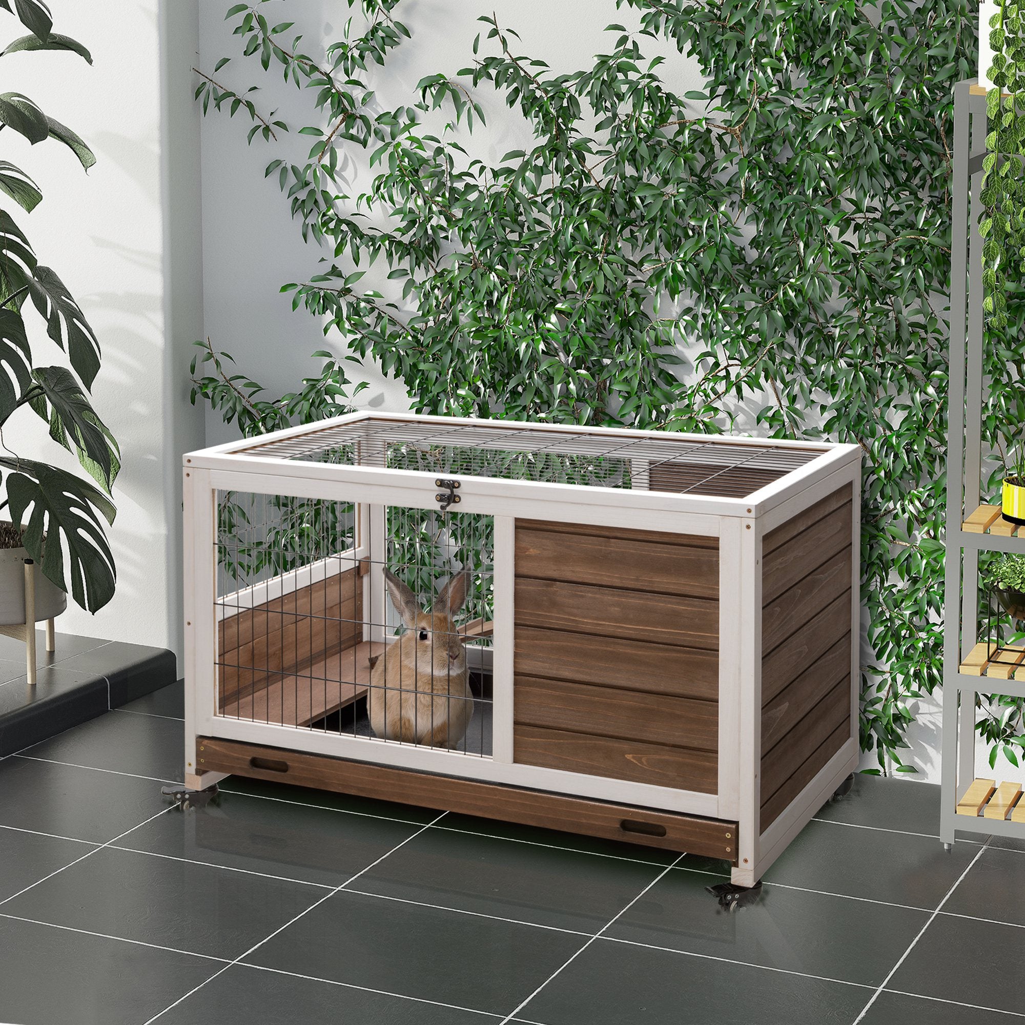 Indoor Rabbit Enclosure, on Wheels, Indoor Bunny Cage Small Animal House with Pull Out Tray Casters Ramp, 35.5" x 21" x 23", Brown