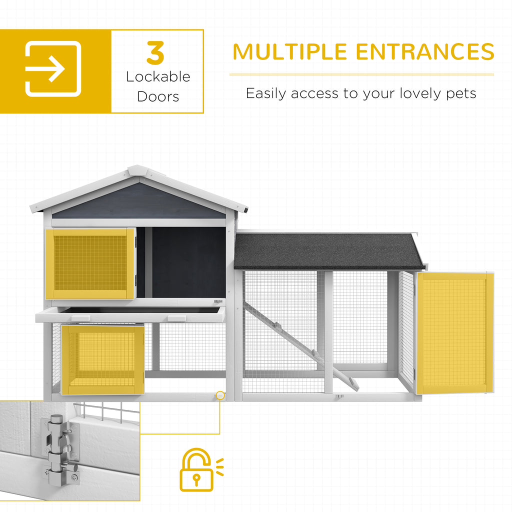 58" Wooden Rabbit Hutch with Run, Removable Tray, Asphalt Roof,  Lockable Doors and Ramp, Gray