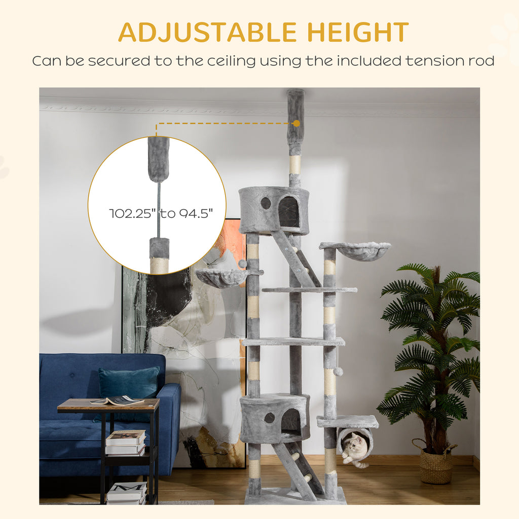 Floor to Ceiling Cat Tree, 94.5-102.5 inch Height Adjustable?Cat Climbing Tower with Scratching Posts, Condos, Hammocks