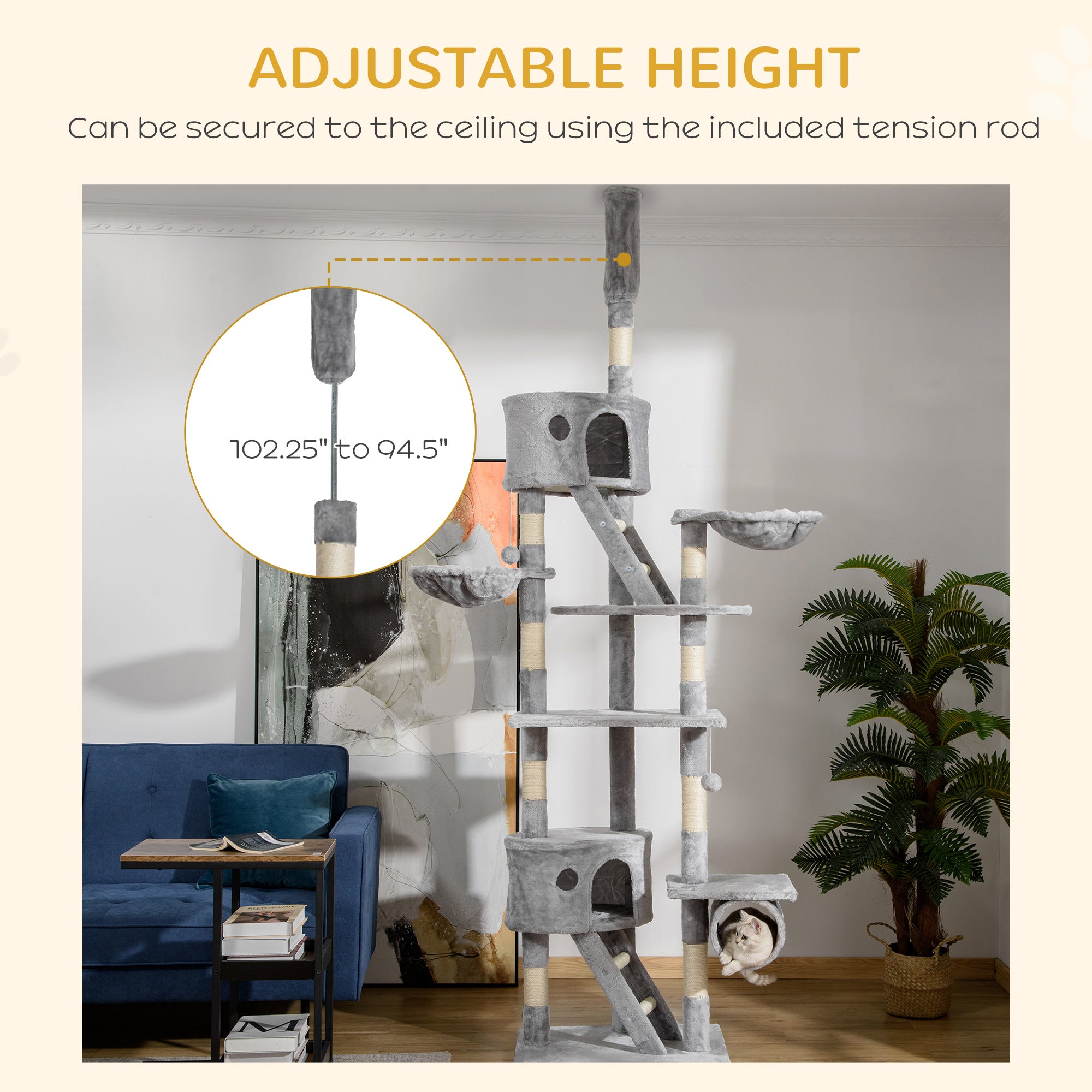 Floor to Ceiling Cat Tree, 94.5-102.5 inch Height Adjustable?Cat Climbing Tower with Scratching Posts, Condos, Hammocks