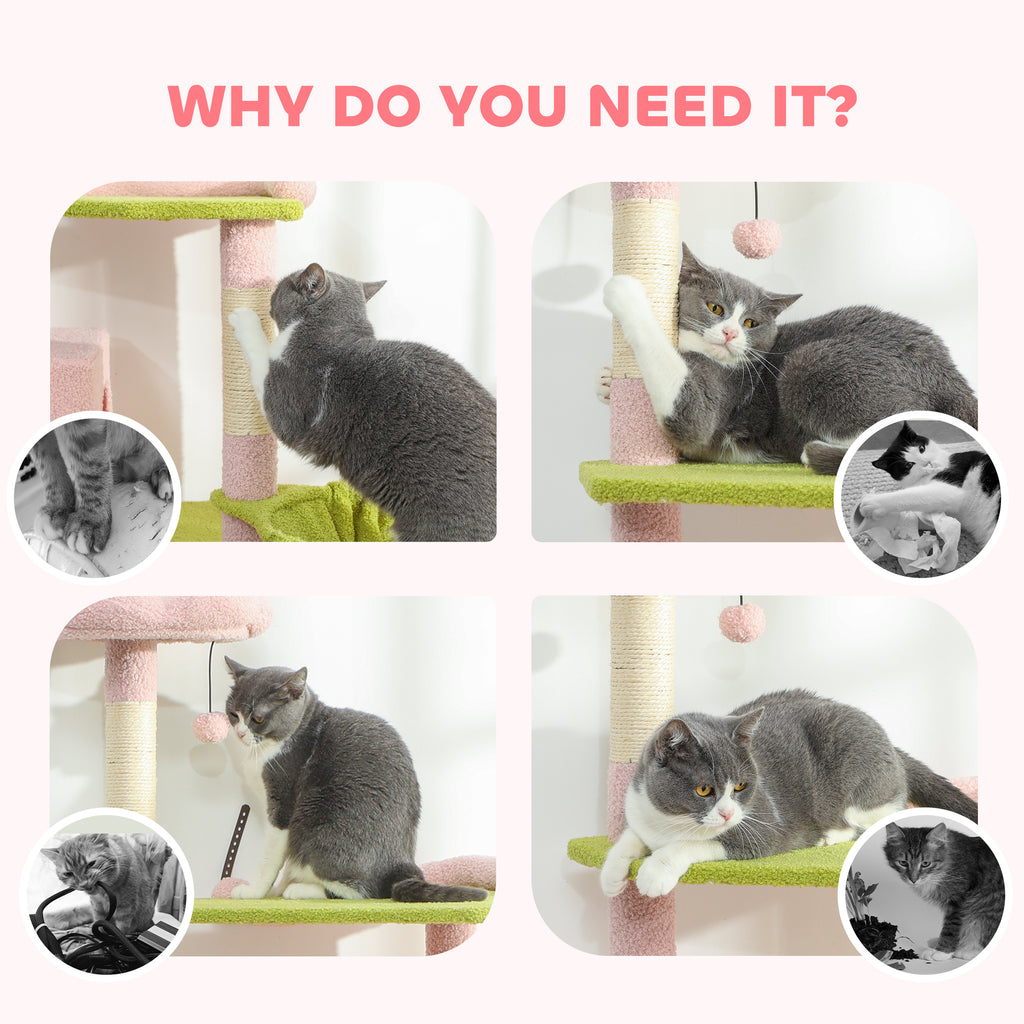74" Pink Flower Cat Tree - Aesthetic Tall Cat Tower for Indoor Cats with 2 Condos, 3 Hammocks & 8 Sisal Scratching Posts, Floral Multi-Level Play House