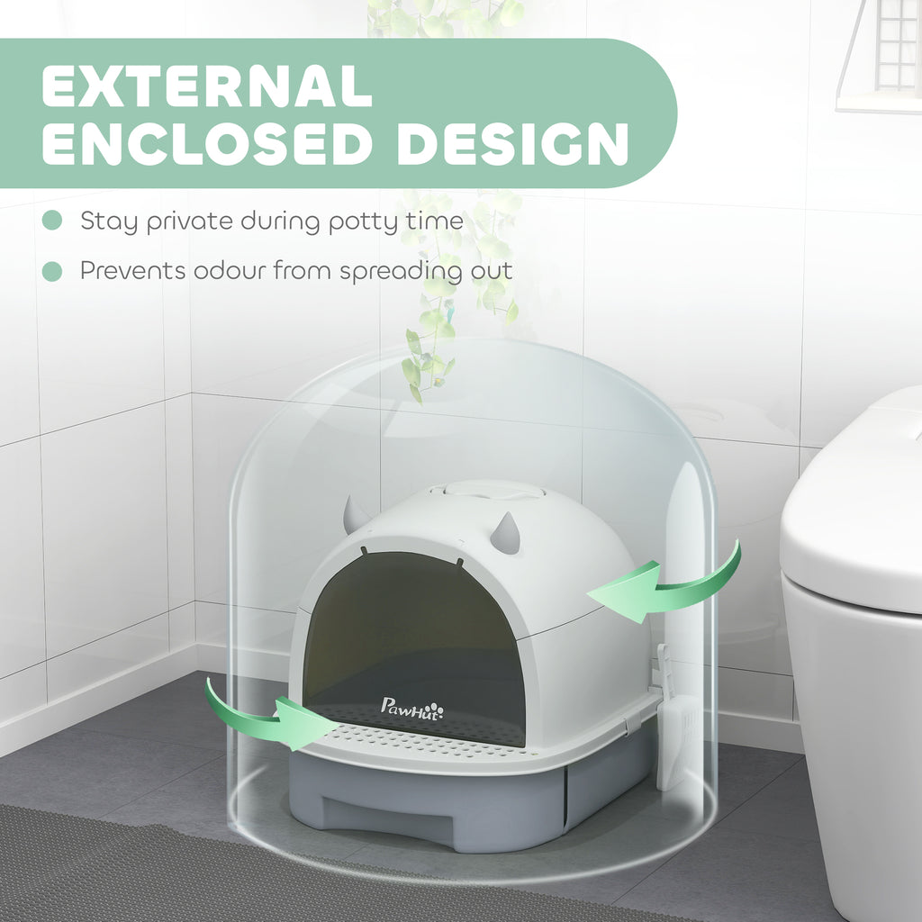 Covered Cat Litter Box with Lid, Scoop, Deodorizing Bags for Odor Control, Privacy, Easy to Clean, Gray