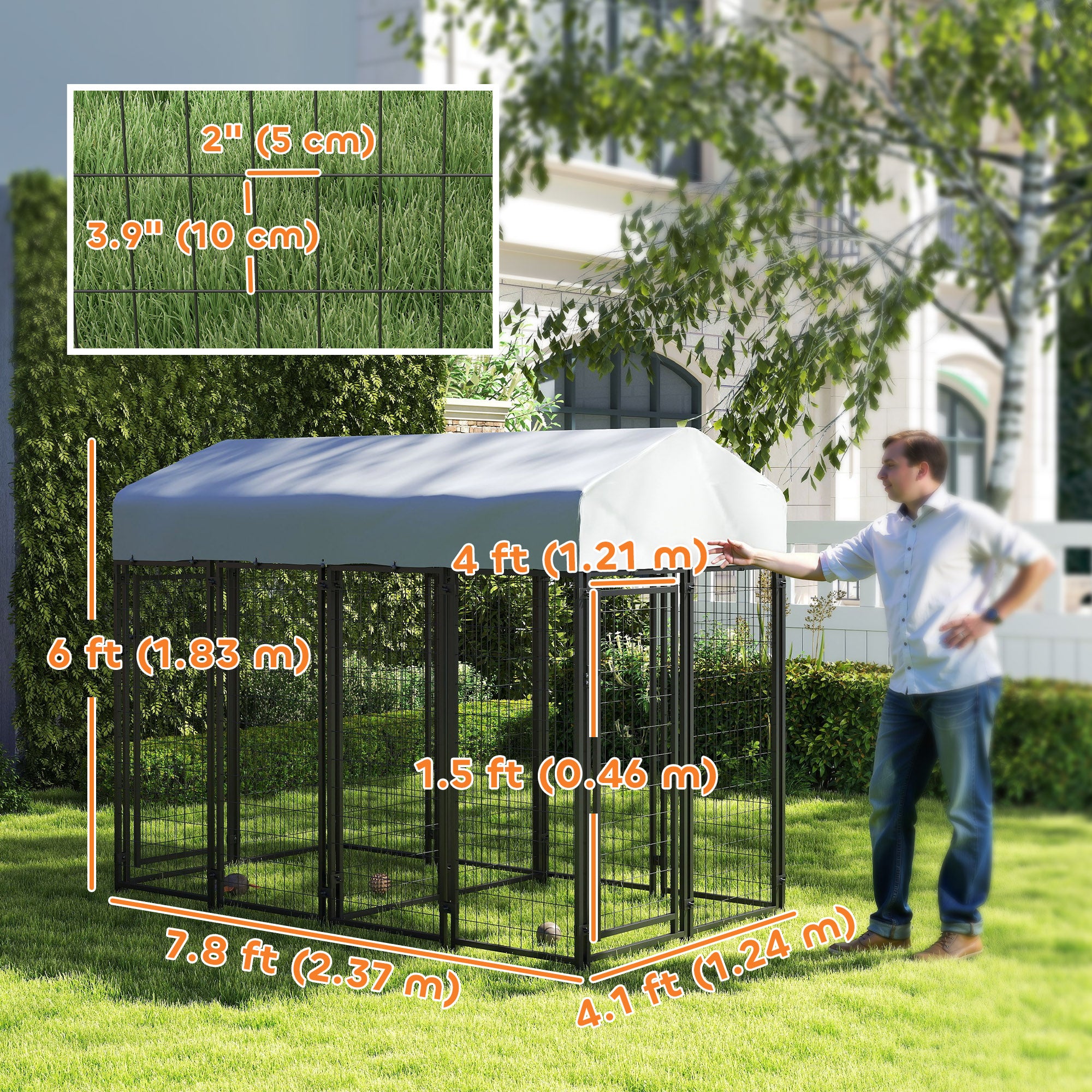 Outdoor Dog Kennel with Two-Room Design, Water-Resistant & Sun-Proof Cover, for S, M, L Dogs, 8' x 4' x 6'