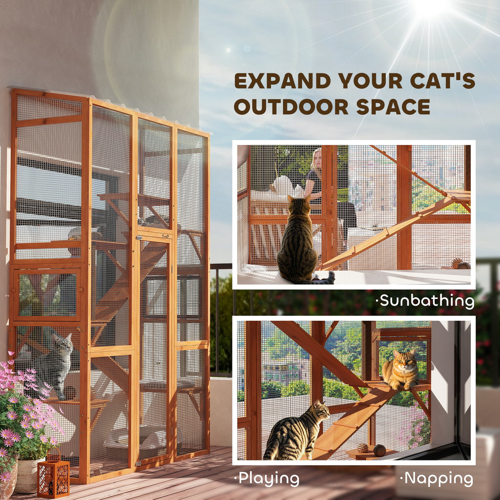 Outdoor Catio Cat Enclosure, Large Wooden Cat House with 6 Jumping Platforms, Scratching Post, 2 Ramps, for 2-3 Kittens