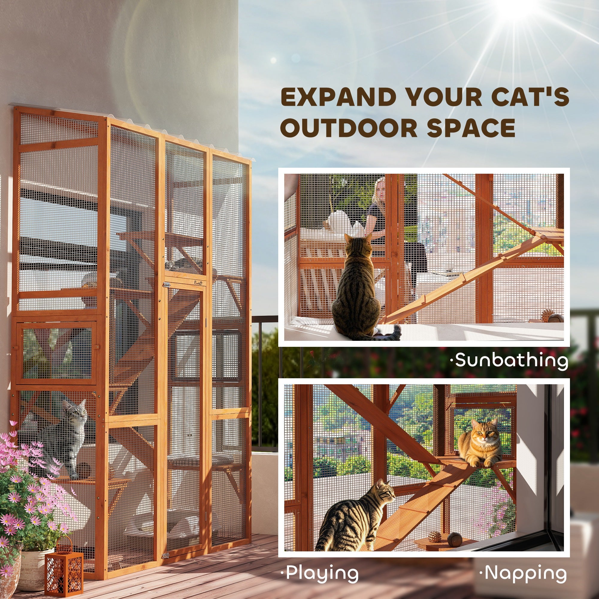 Outdoor Catio Cat Enclosure, Large Wooden Cat House with 6 Jumping Platforms, Scratching Post, 2 Ramps, for 2-3 Kittens
