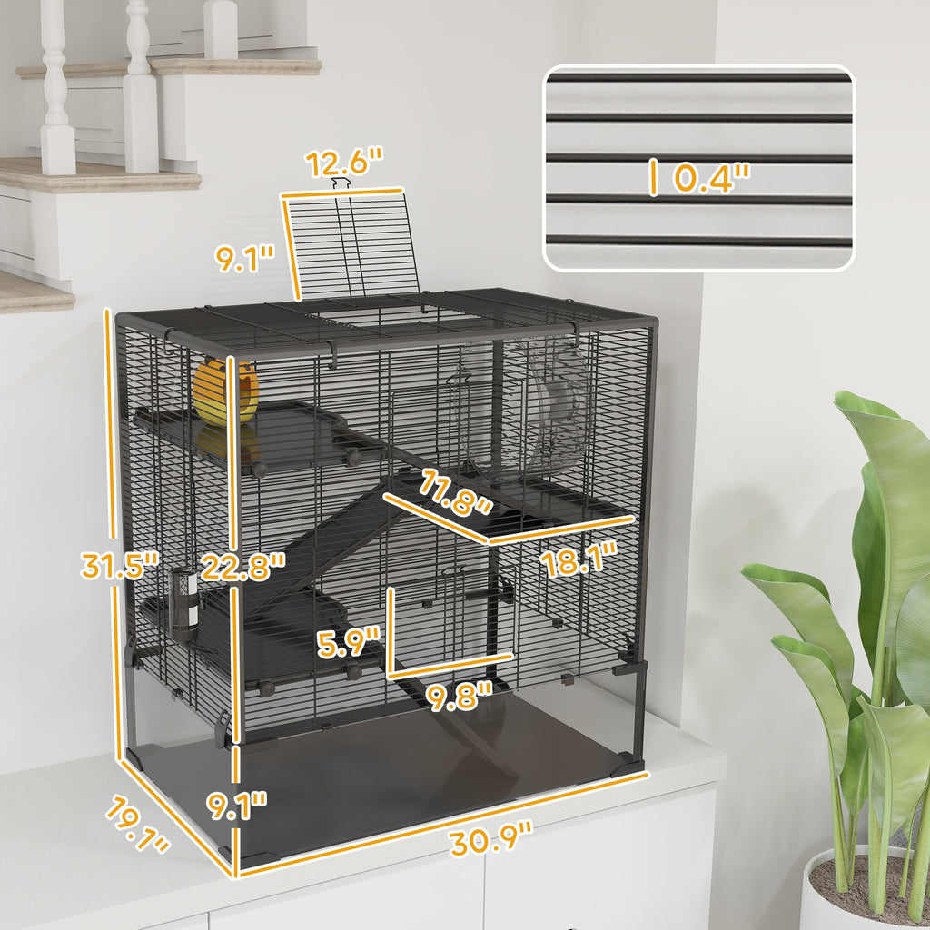 4 Tier Hamster Cage with Deep Tempered Glass Bottom, Running Wheel, Hut, Water Bottle, Food Dish, 31" x 19" x 31.5"