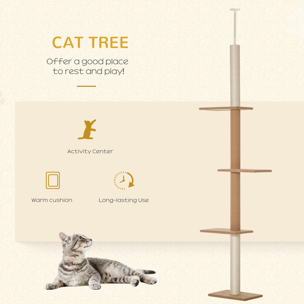 Light Brown Floor to Ceiling Cat Tree - Adjustable Height 4-Tier Cat Tower with Sisal Scratching Posts, Stable Activity Center Furniture for Indoor Kittens