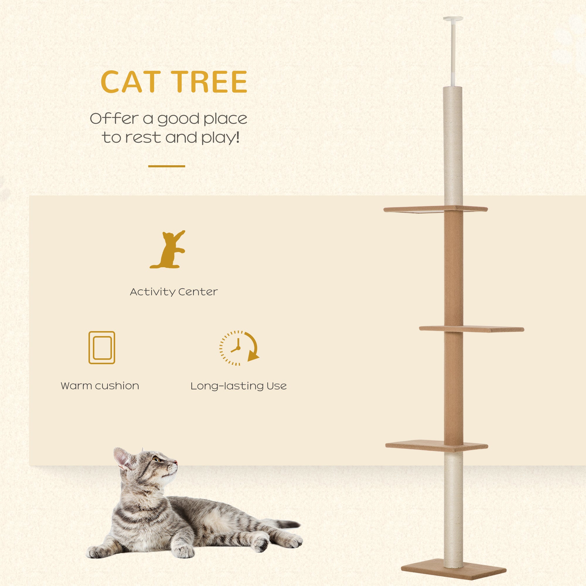 Light Brown Floor to Ceiling Cat Tree - Adjustable Height 4-Tier Cat Tower with Sisal Scratching Posts, Stable Activity Center Furniture for Indoor Kittens