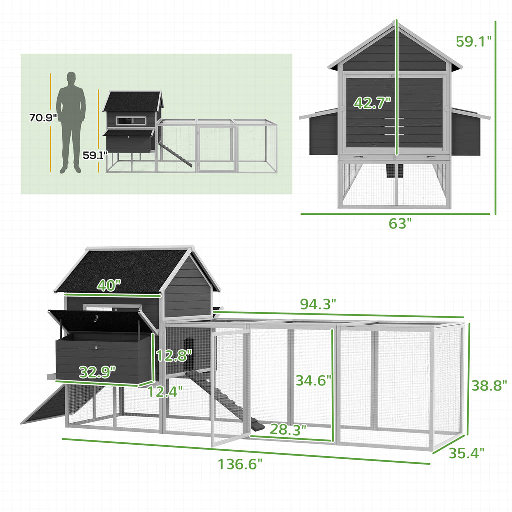 137" Wooden Chicken Coop for 8-10 Chickens, Backyard, Gray