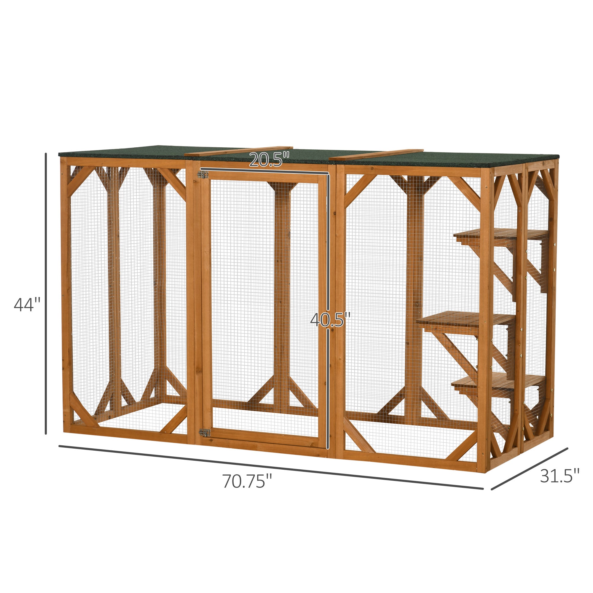 Outdoor Cat House, Catio Wooden Feral Cat Shelter, Cat Cage with Platforms, Large Enter Door, Weather Protection Asphalt Roof, 71" L, Orange