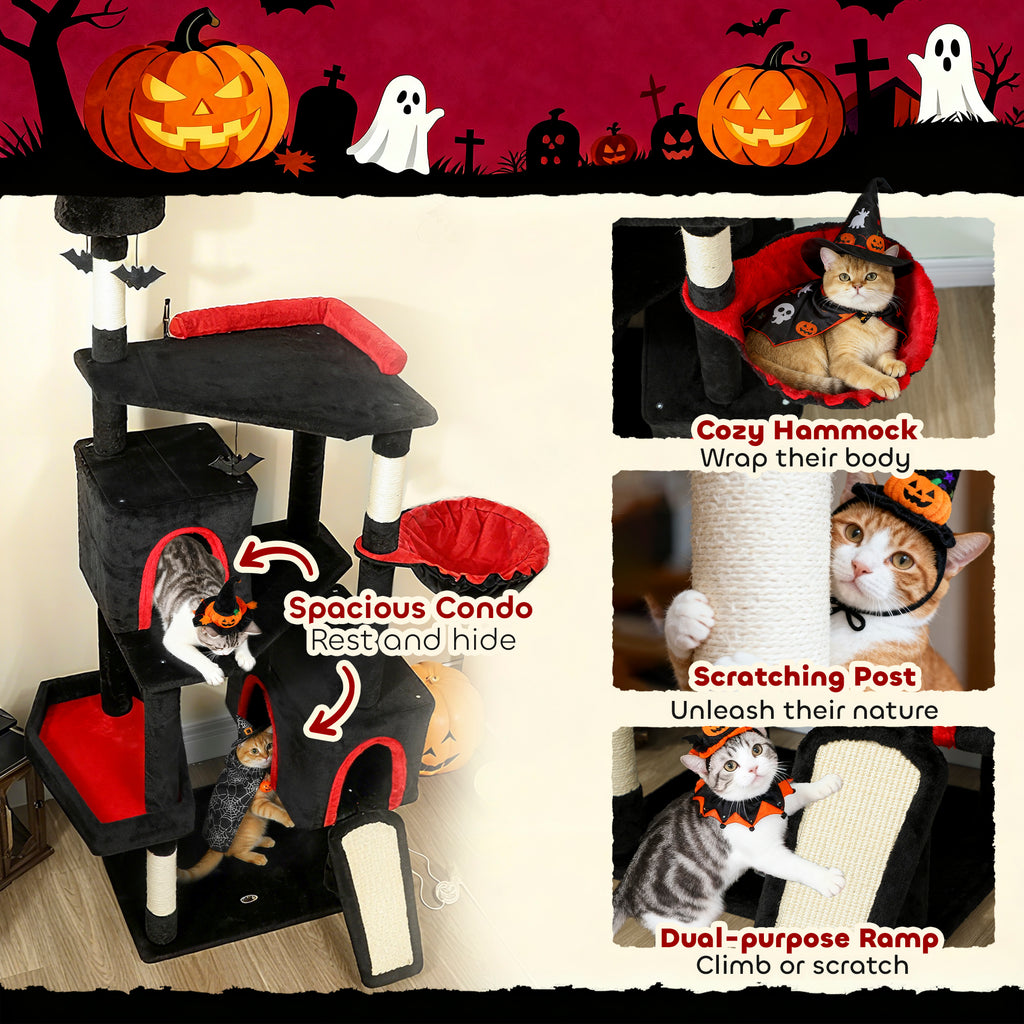 78" Gothic Cat Tree with Coffin Bed - Tall Cat Tower for Indoor Cats with 2 Spacious Condos & Sisal Scratching Posts, Unique Bat Hanging Toys, Halloween Furniture