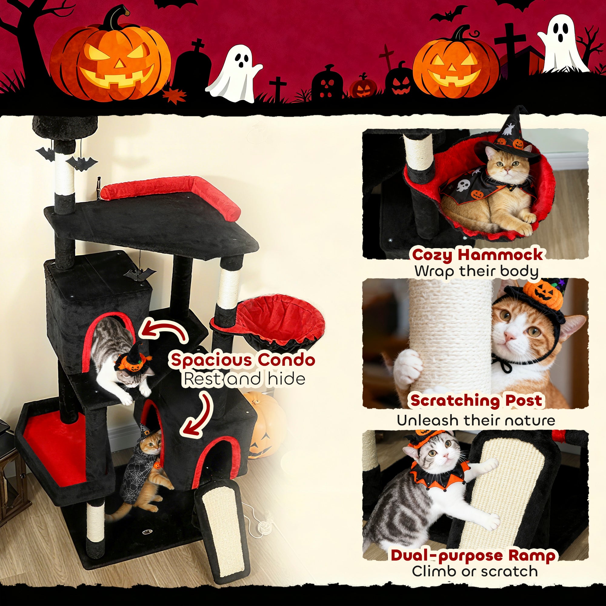78" Gothic Cat Tree with Coffin Bed - Tall Cat Tower for Indoor Cats with 2 Spacious Condos & Sisal Scratching Posts, Unique Bat Hanging Toys, Halloween Furniture