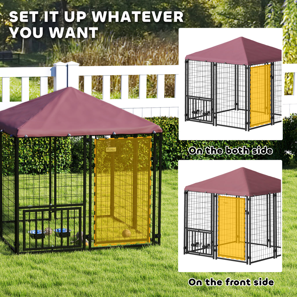 4.6' Outdoor Dog Kennel with Welded Wire, Adjustable Bowls & Waterproof Cover