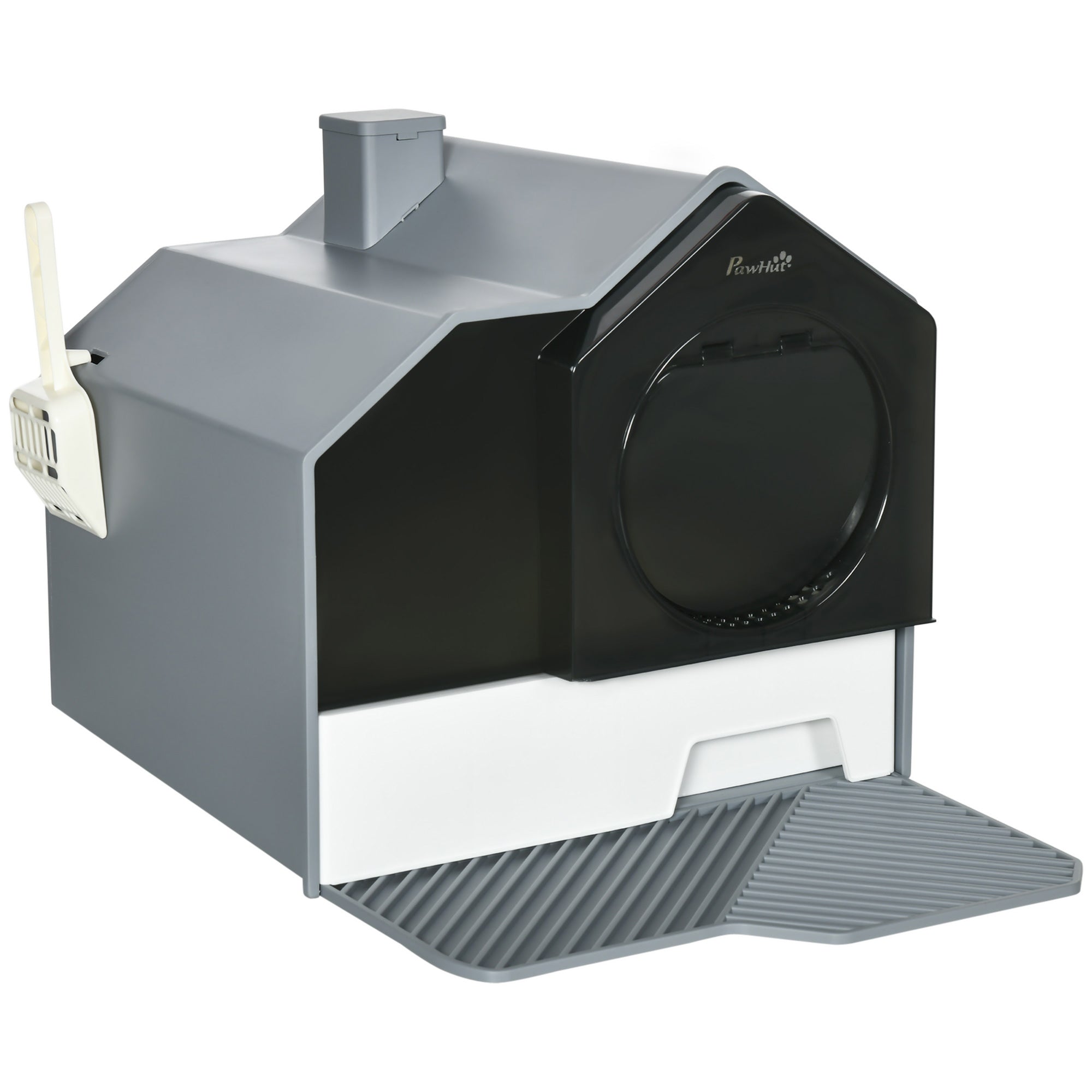 Hooded Cat Litter Box w/ Litter Mat, Litter Particle Catching, Gray